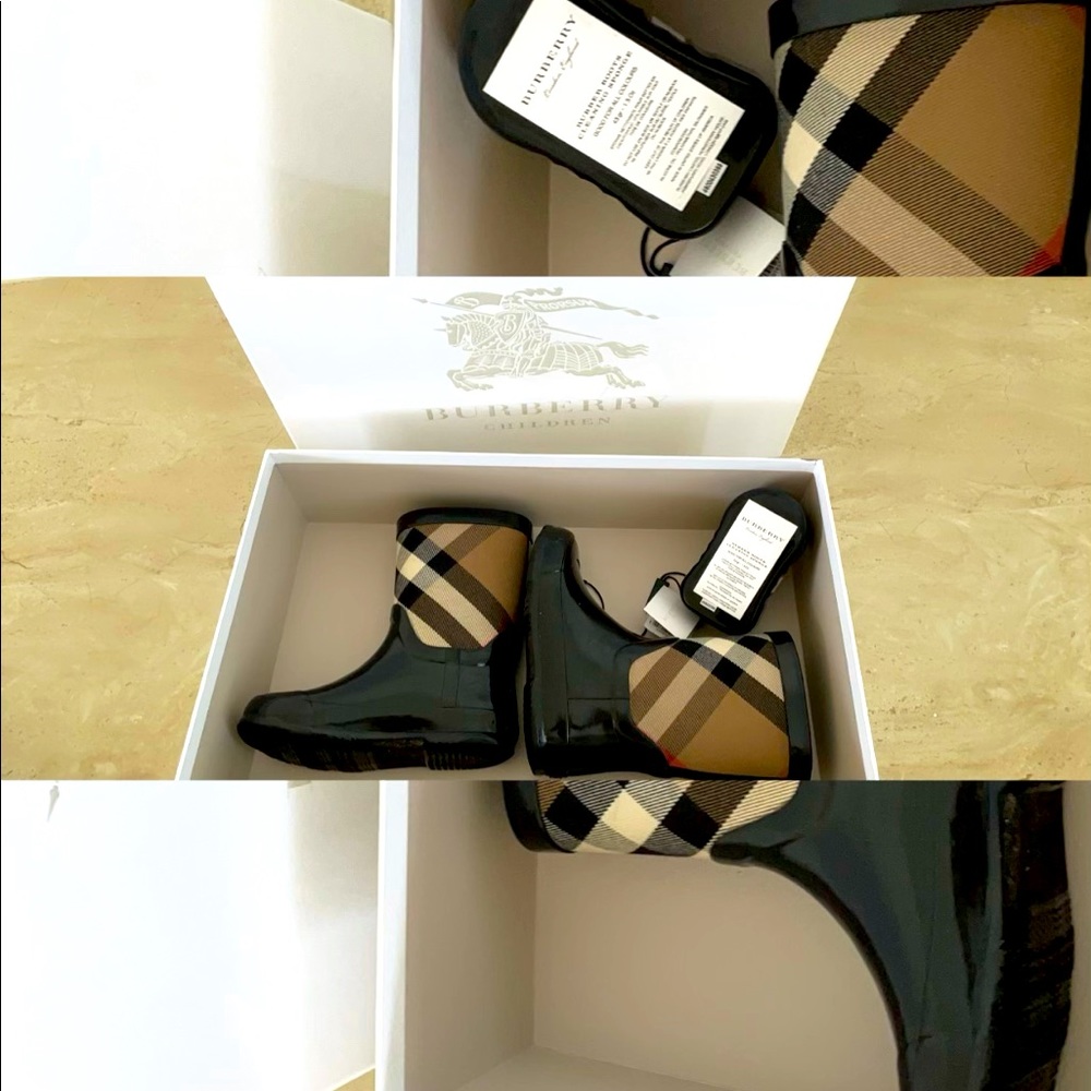 Burberry girls rain boots.